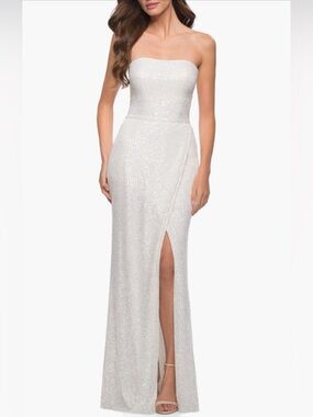 La Femme White Simple Sequin Strapless Dress with Faux Wrap Skirt